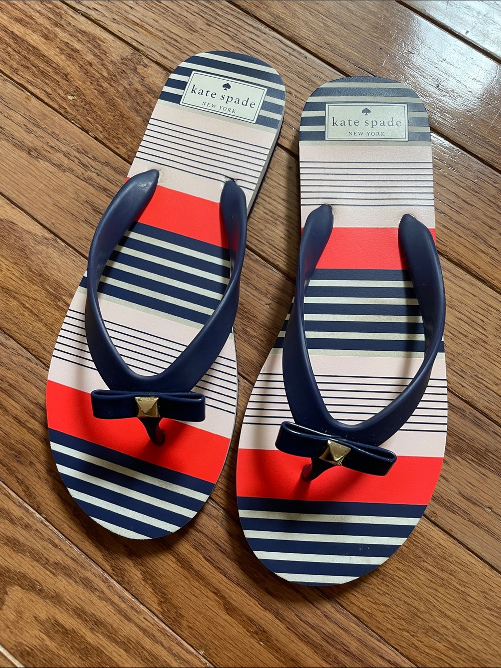 kate spade Navy, Coral & Cream Striped Flip Flops 8M